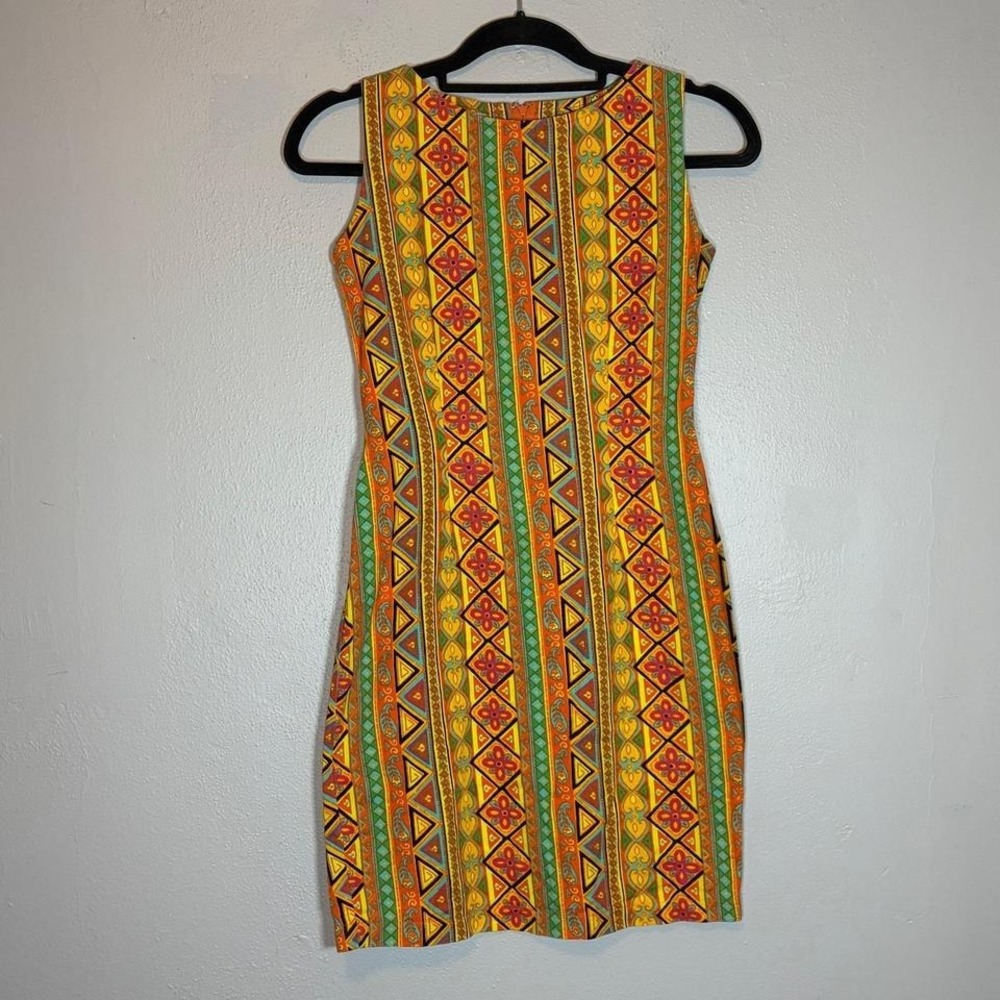 Vintage Pena House‎ Sleeveless Sheath Dress Geometric Tribal Print Orange Yellow